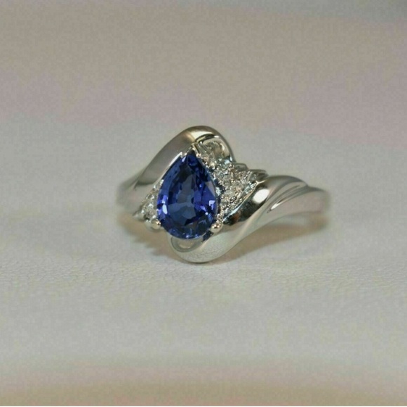 10K White Gold Pear Sapphire & Diamond Accent Ring - Picture 4 of 4